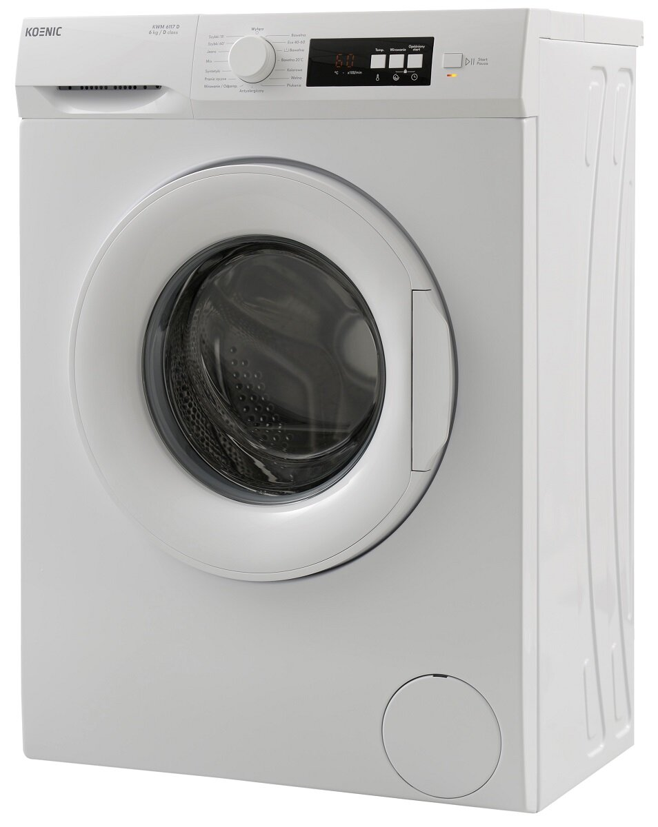 Biała pralka, widok z przodu, z okrągłymi drzwiami, białe tło.