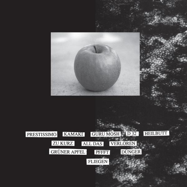 Albumcover mit Apfel und Text. Verschiedene deutsche Wörter sind um den Apfel herum aufgelistet. Weißer Hintergrund.