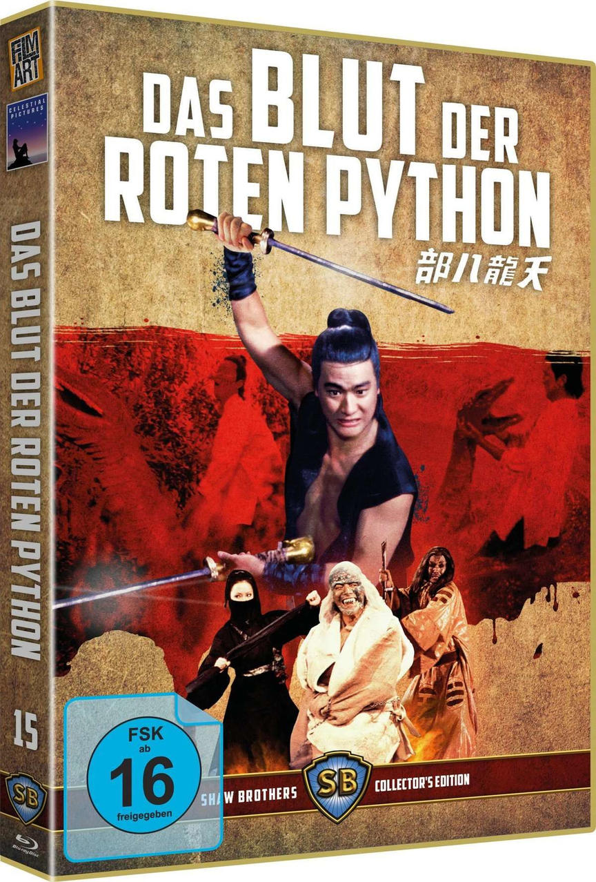 DVD-Cover: Das Blut Der Roten Python. Ein Mann mit einem Schwert, andere Personen im Hintergrund. FSK 16 Logo.