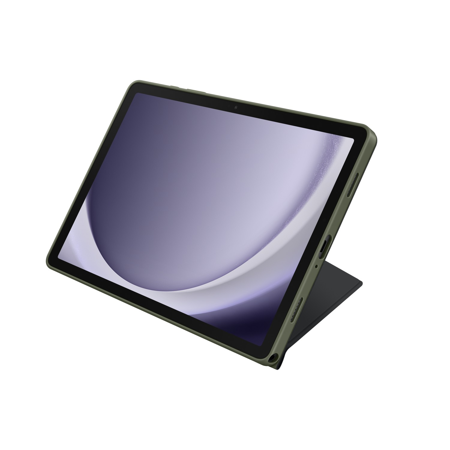 Green tablet with a lavender screen, and a black case.