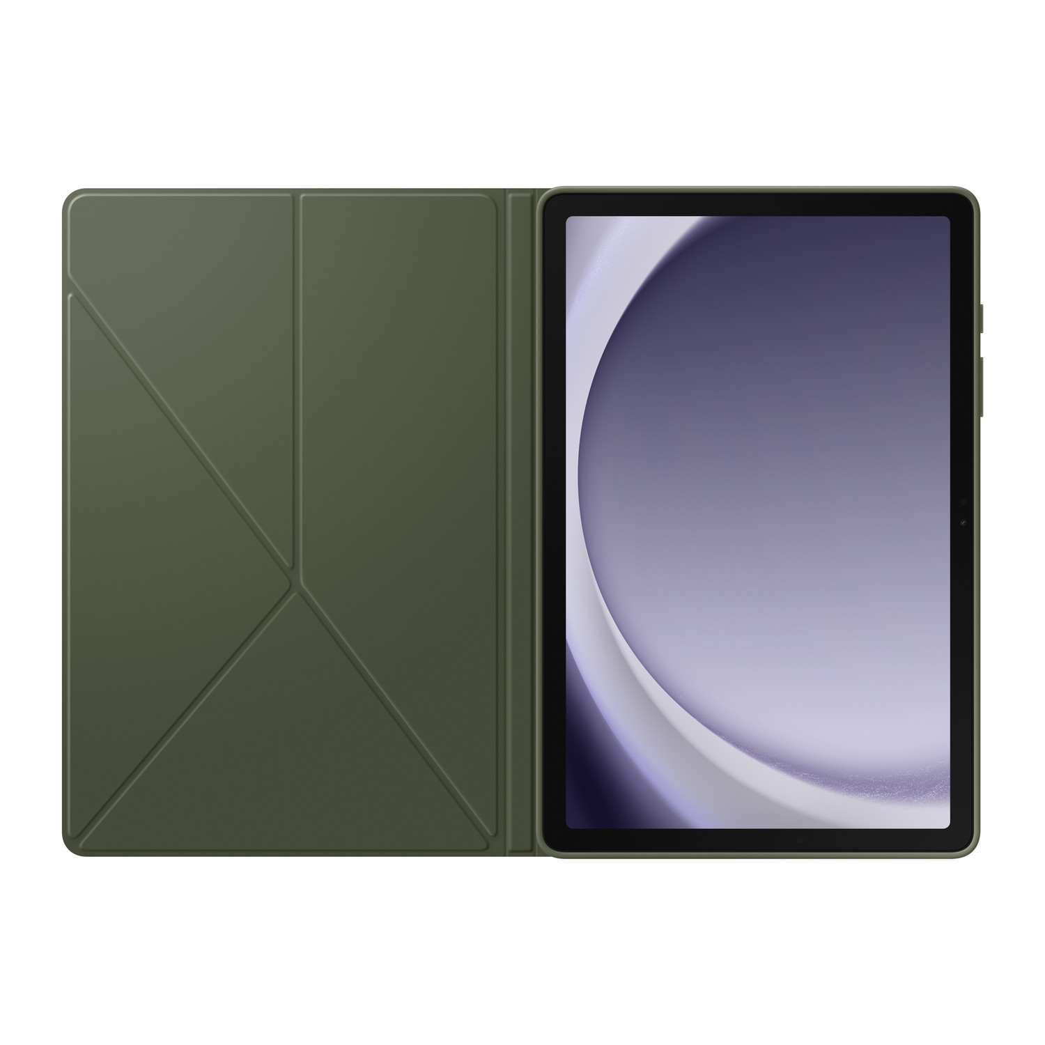 Tablet with open cover. Green cover, black screen. White background.