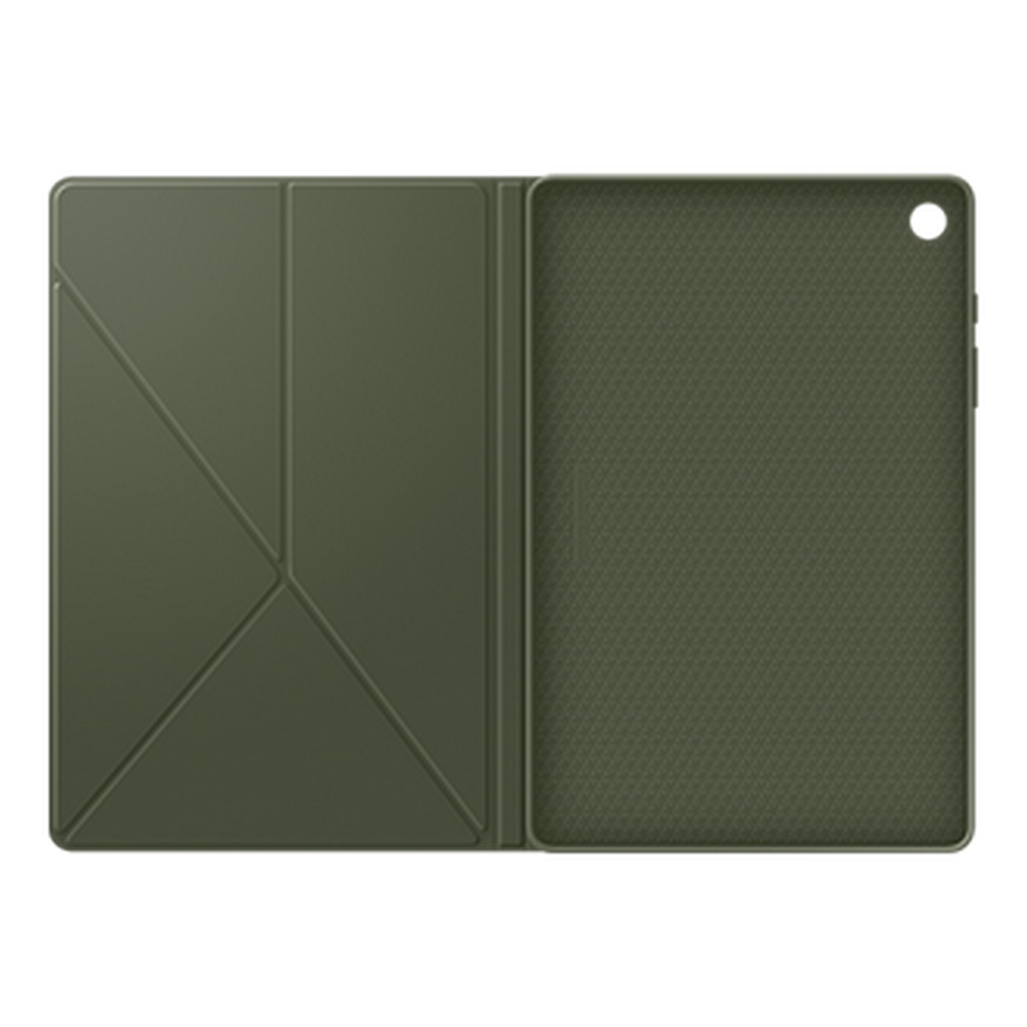 A green tablet cover. The cover is open, showing the interior lining.