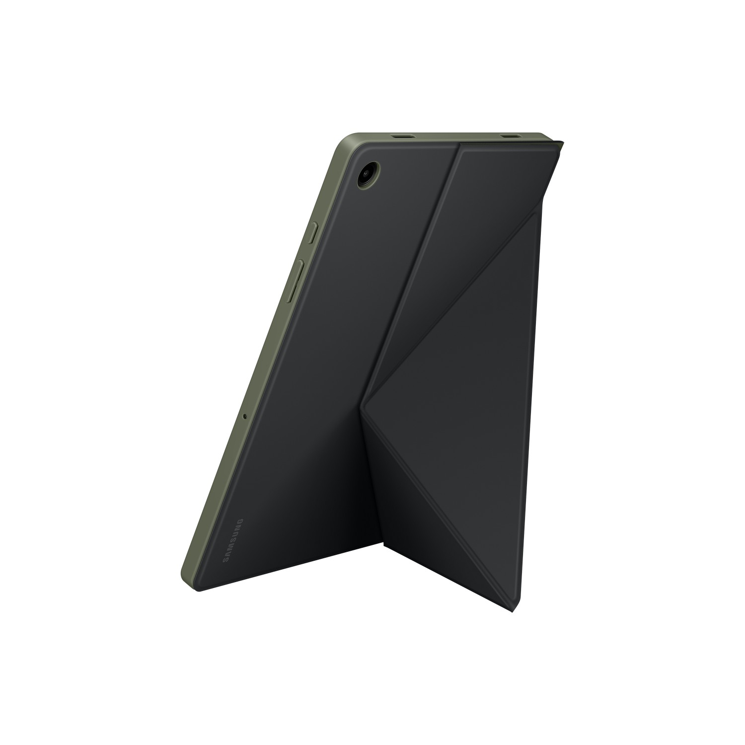 A tablet case in a stand position, olive green color.