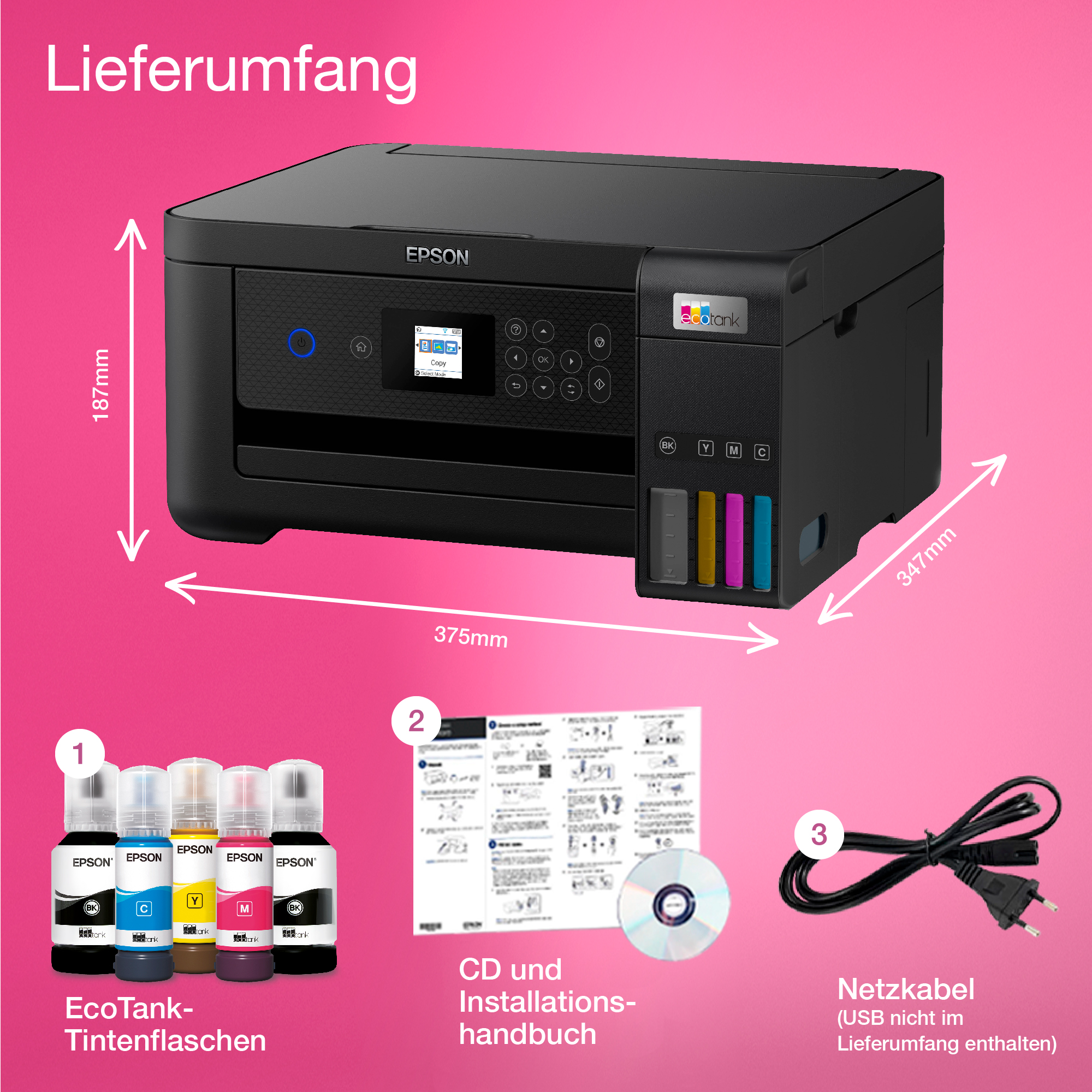 Ein Epson-Drucker mit verschiedenen Tintenpatronen und einem Netzkabel, das mit Maßangaben ausgelegt ist.