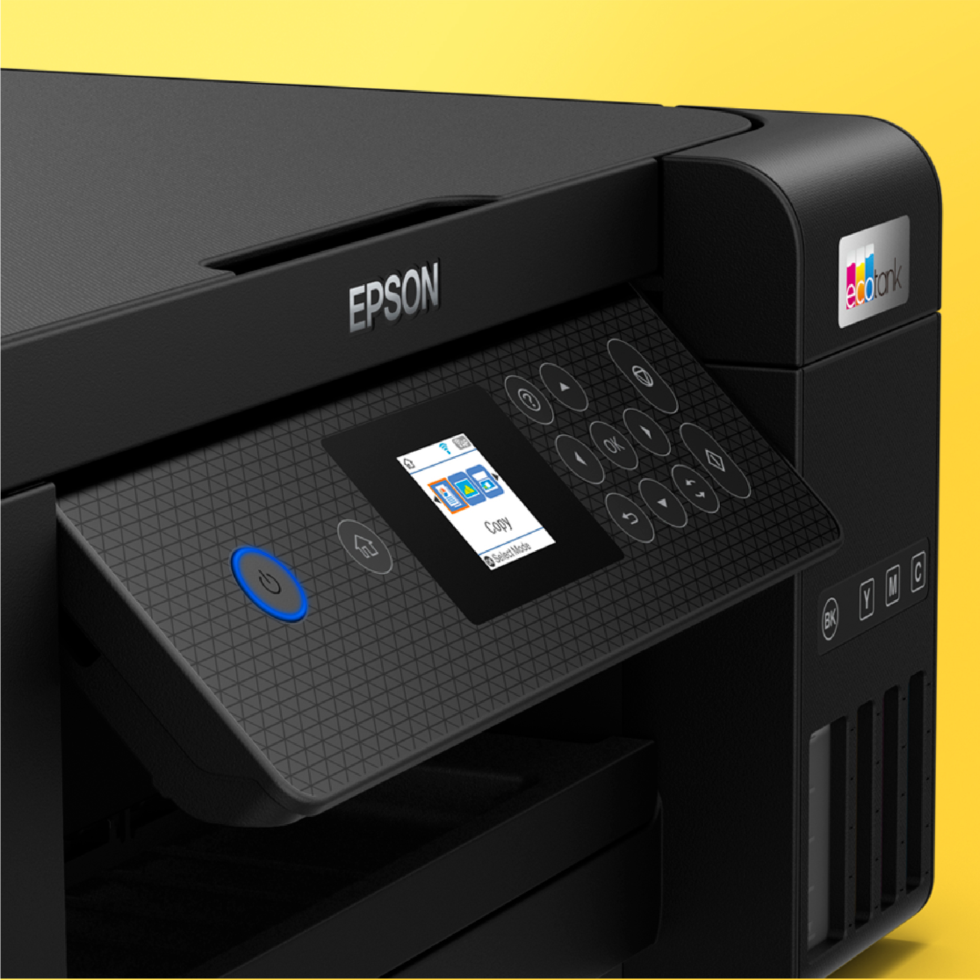 Schwarzer Epson-Drucker mit Bildschirm und Bedienelementen auf gelbem Hintergrund.