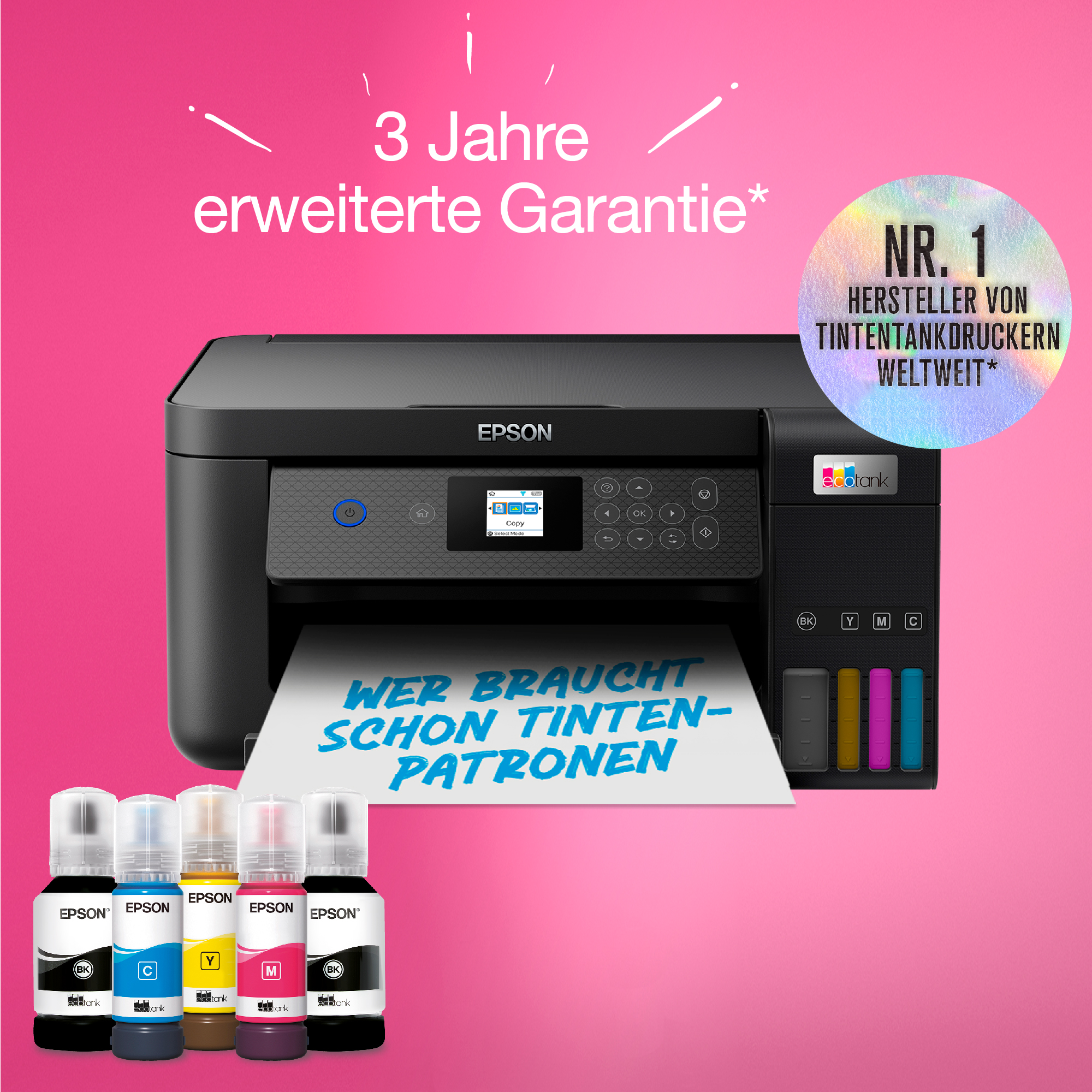 Epson-Drucker mit Tintenflaschen und Text. Rosa Hintergrund mit Garantieinformationen.