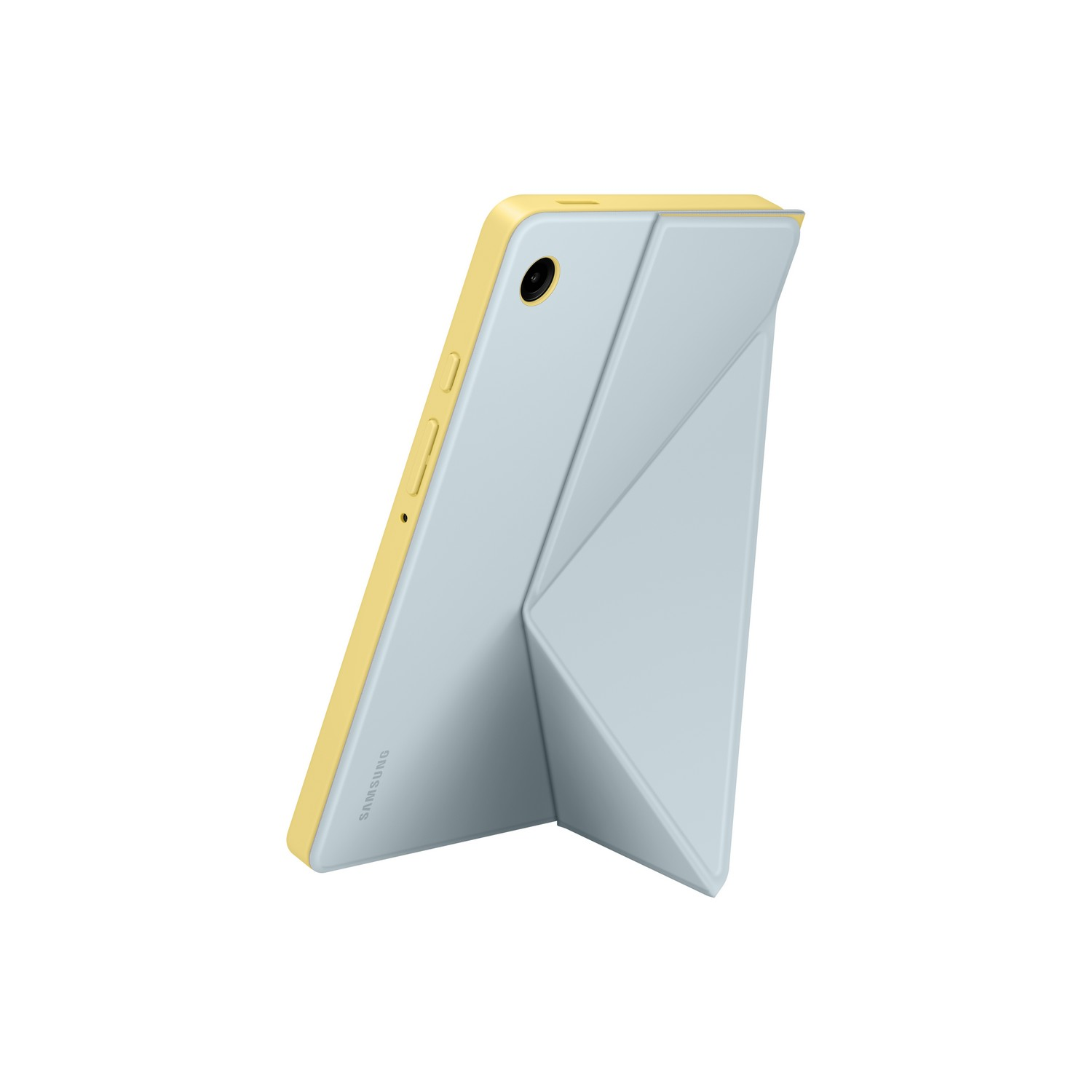 A light blue tablet in a yellow case, propped up in a stand.