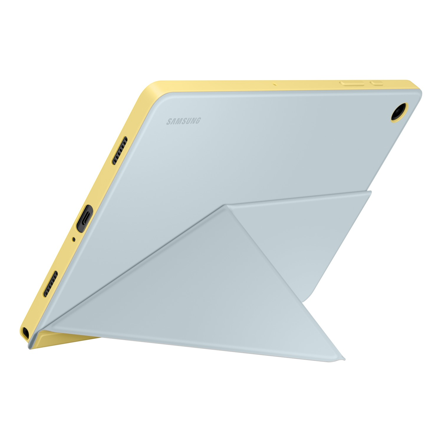 A tablet case with a yellow frame and a gray back that can be folded into a stand.