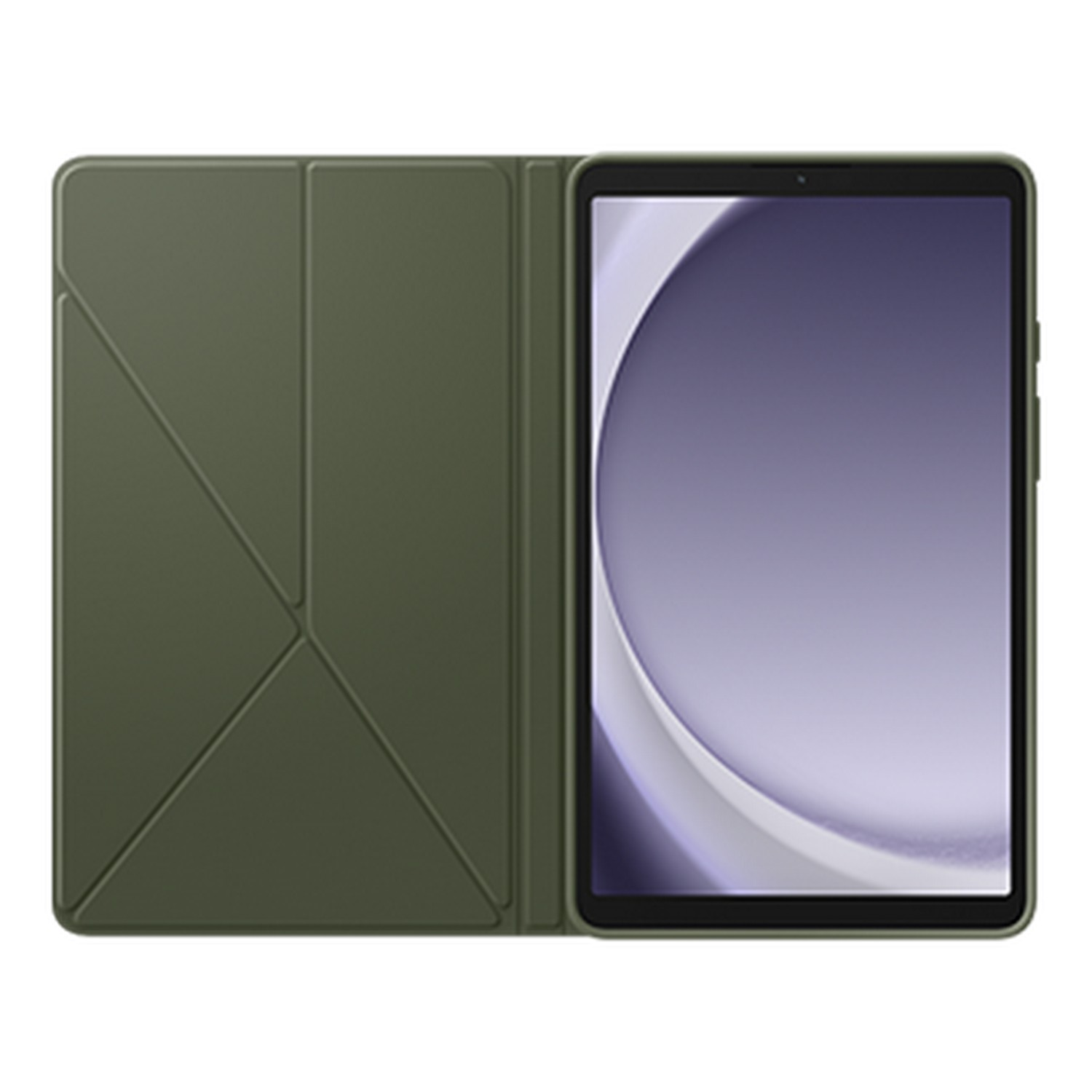 Tablet in an olive green case, open, showing the screen.