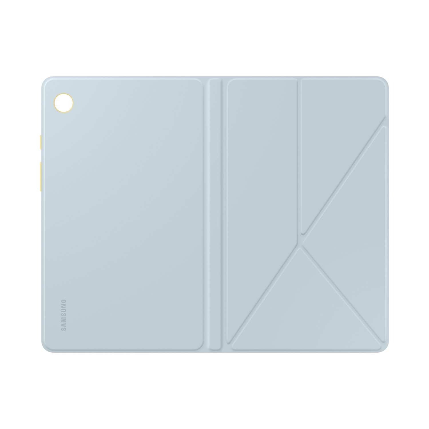 A light blue tablet with a light blue cover. Top view, white background.