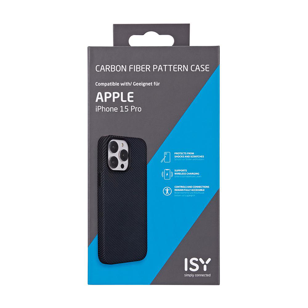 Schwarze Handyhülle in einer Box, mit Karbonfasermuster, für iPhone 15 Pro.