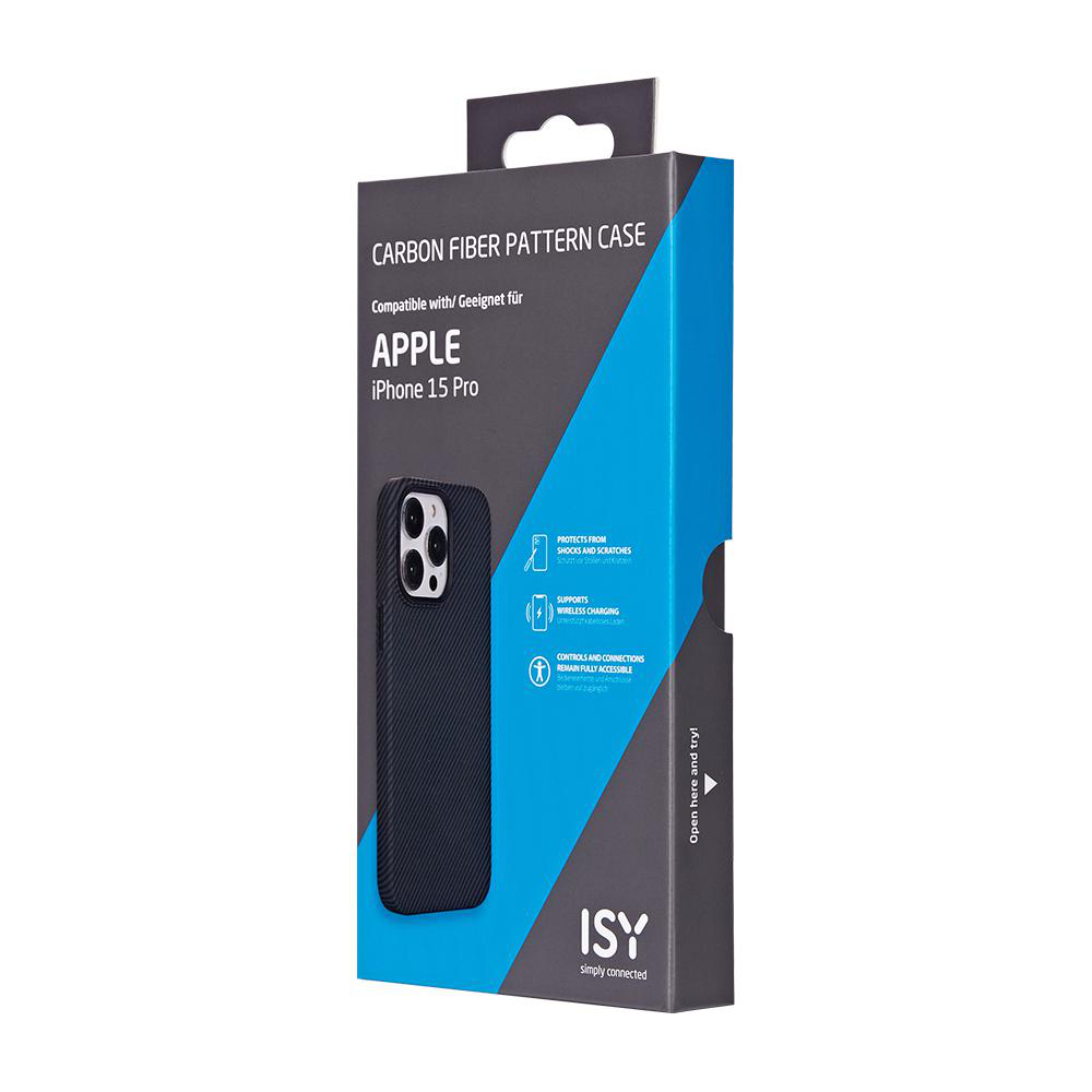 Blaue und schwarze Box mit Handyhülle, für iPhone 15 Pro, mit schwarzem Carbonfasermuster.