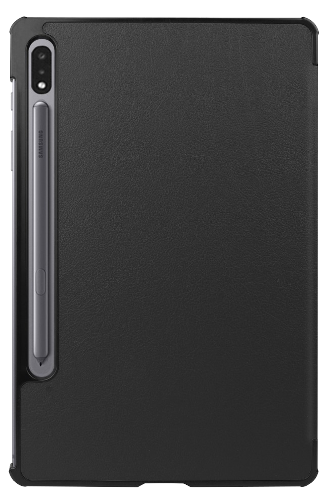 Fekete tablet tokban. A tokban van egy tolltartó, benne egy tollal.