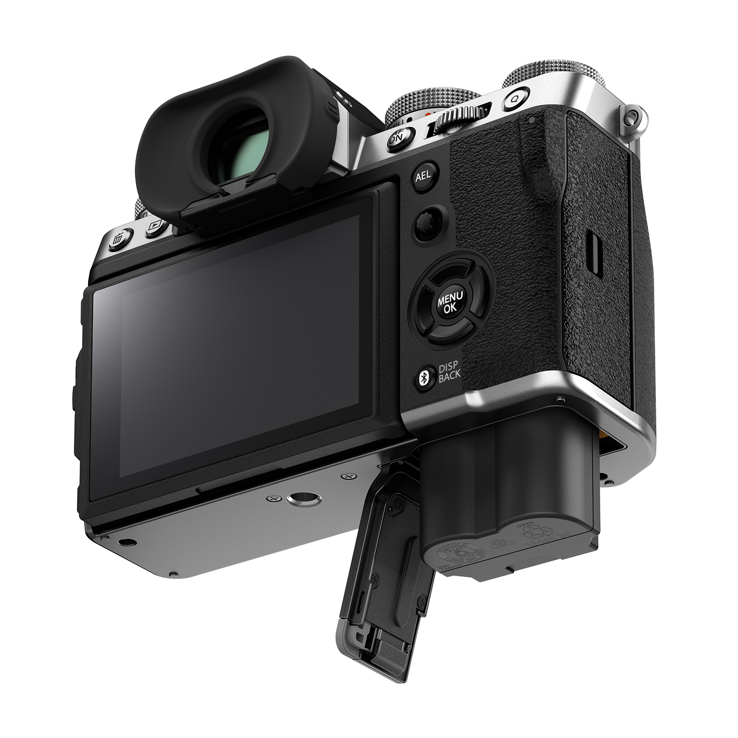 Fotocamera con obiettivo, schermo e impugnatura per batteria. Lo schermo è aperto.