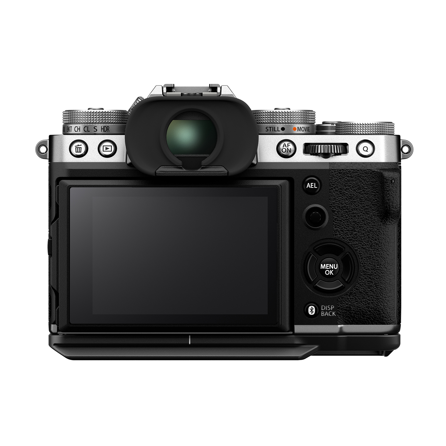 Retro di una fotocamera nera con schermo, pulsanti e ghiere. Parte superiore argentata.