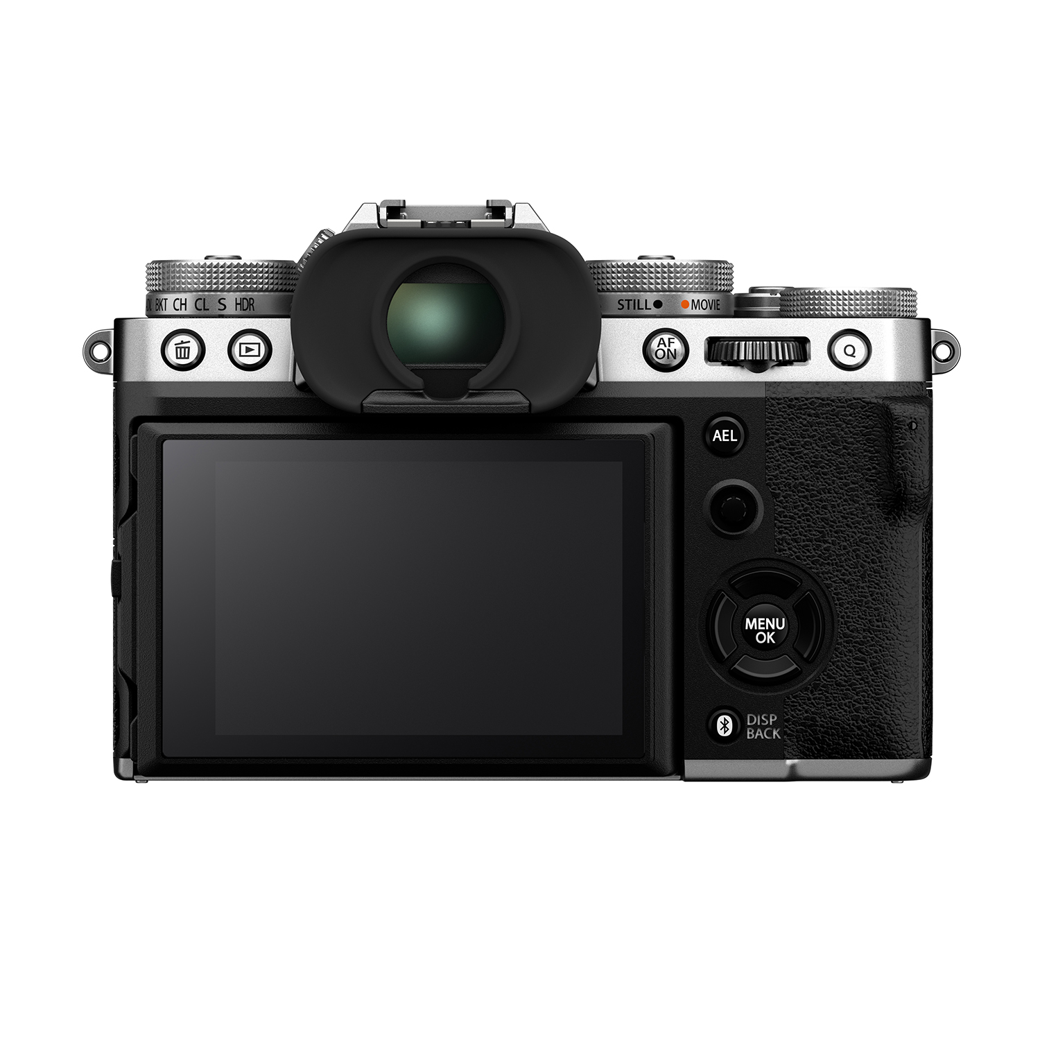 Retrocamera nera e argento con schermo LCD, pulsanti di controllo e ghiere. L'obiettivo manca.