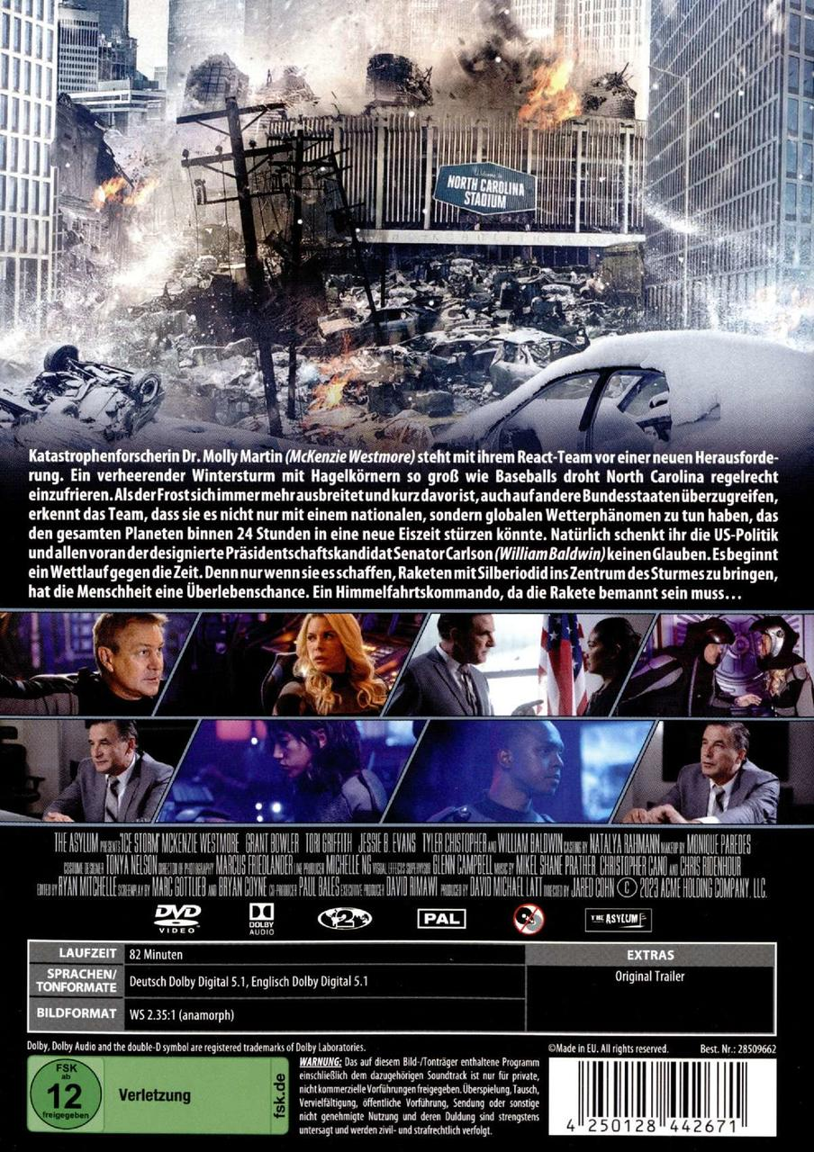 Filmcover mit zerstörter Stadt, Schneesturm und Gesichtern von Schauspielern. Text in mehreren Sprachen.