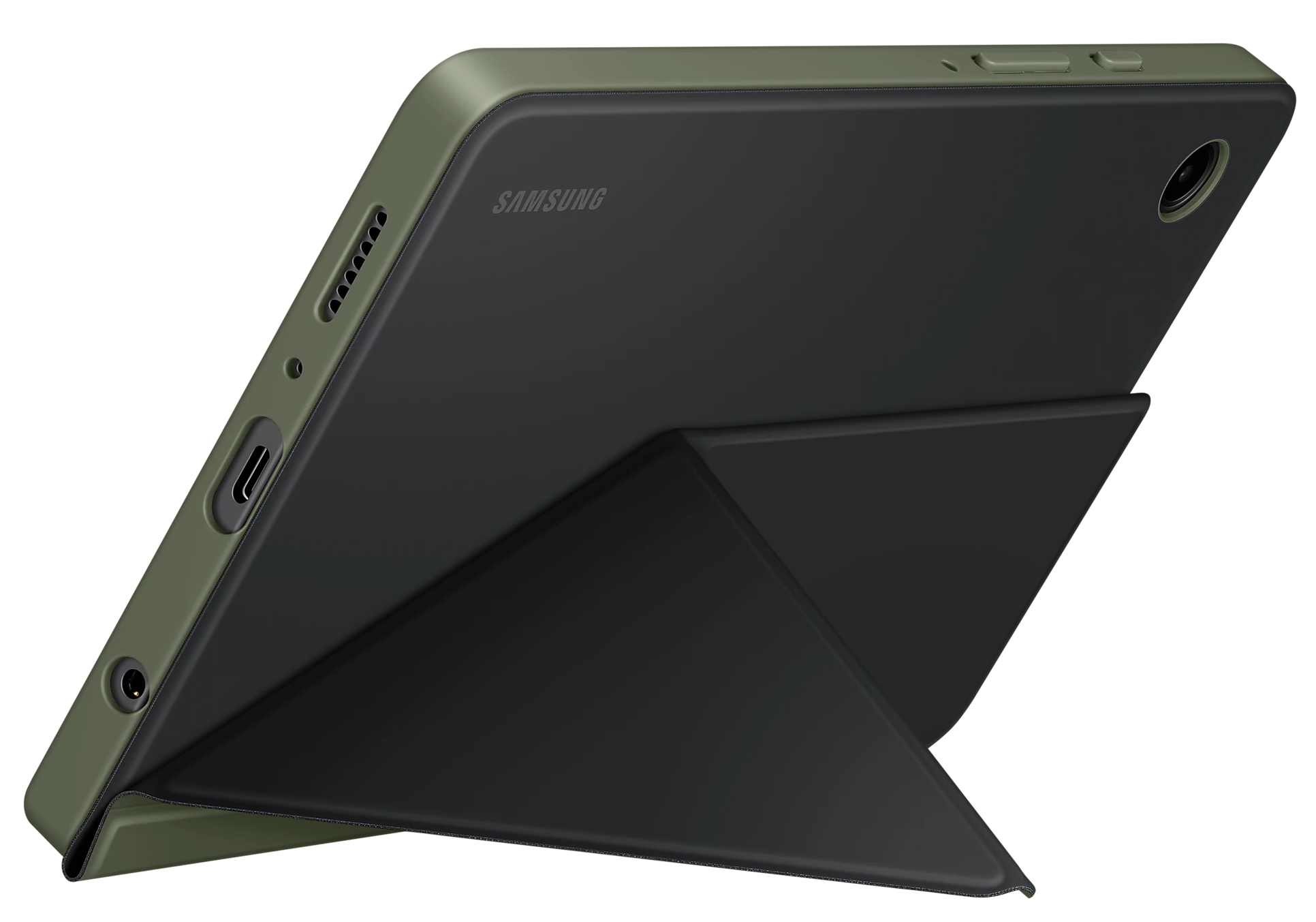 Tablet zöld tokban, sötét háttéren, oldalnézetben.