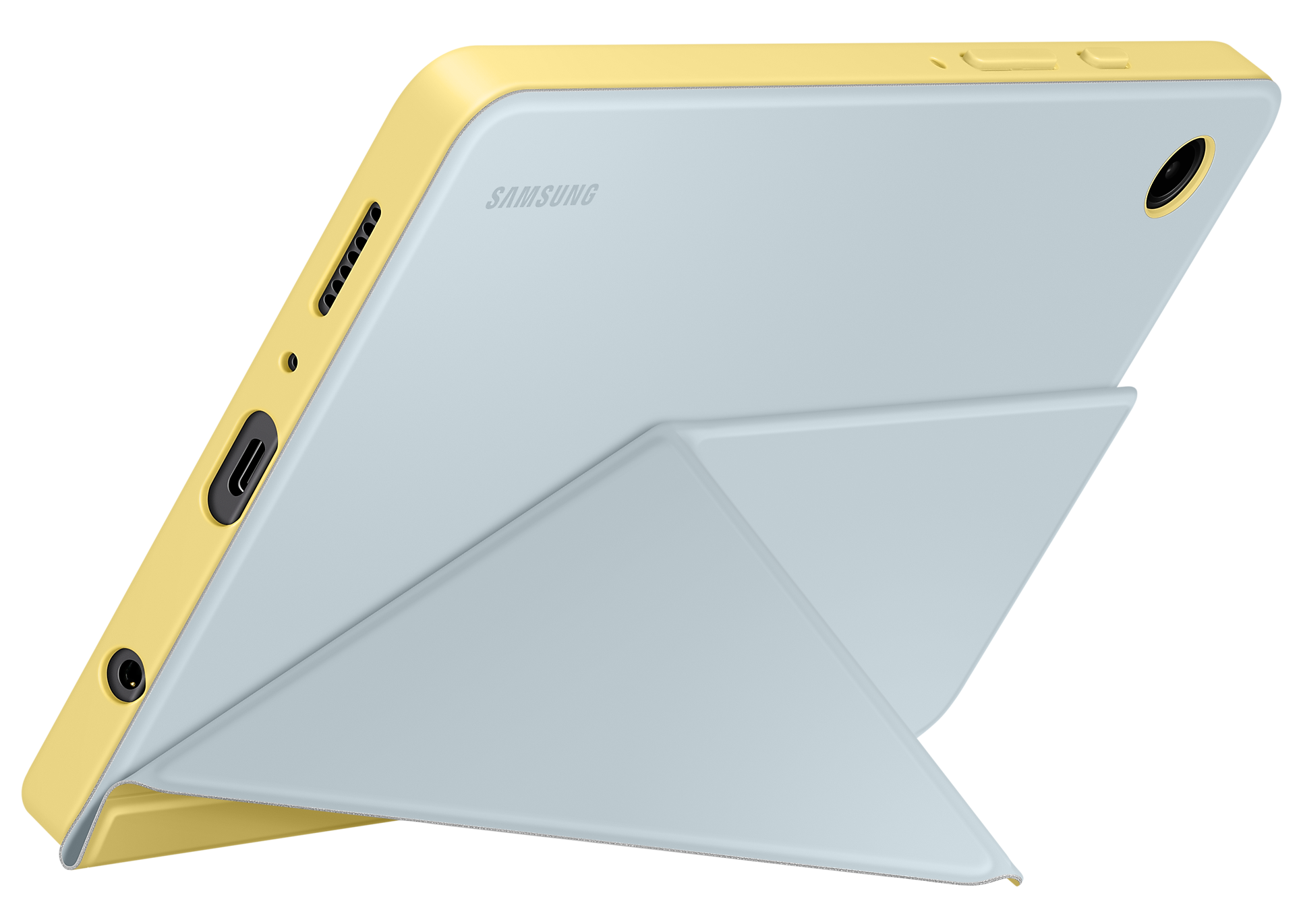 Egy világoskék tablet sárga kerettel, kinyitva. A Samsung logó látható.