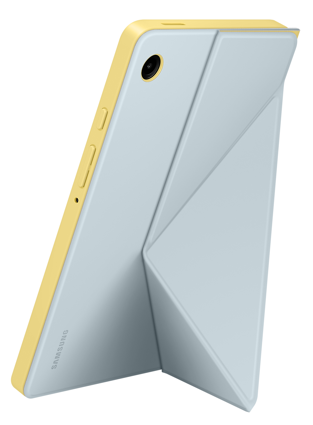 Tablet sárga tokban, kék borítóval, nyitva, kamerával.