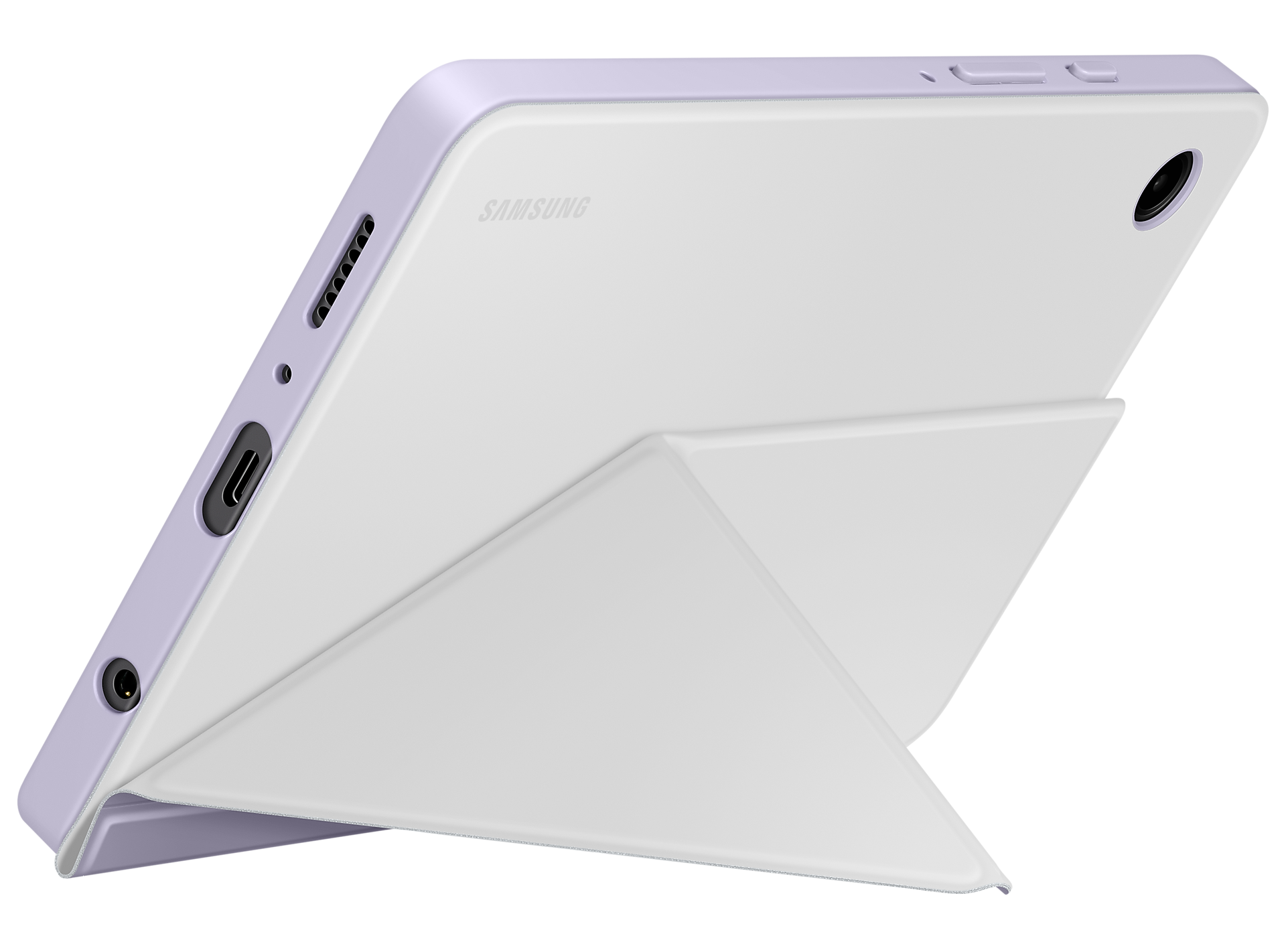 Egy fehér Samsung tablet lila tokkal. Fel van támasztva.
