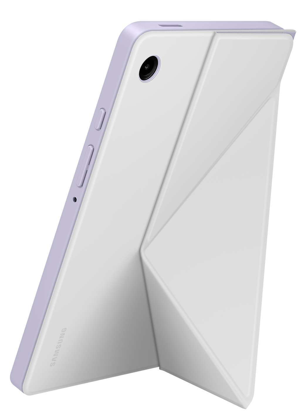 Fehér borítós tablet felállítva. A borító állvánnyá van hajtva. Lila szegély.