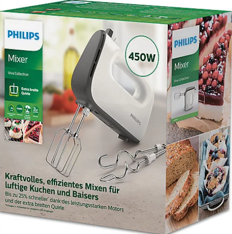 Una caja de la batidora Philips con la batidora y una imagen de productos horneados.