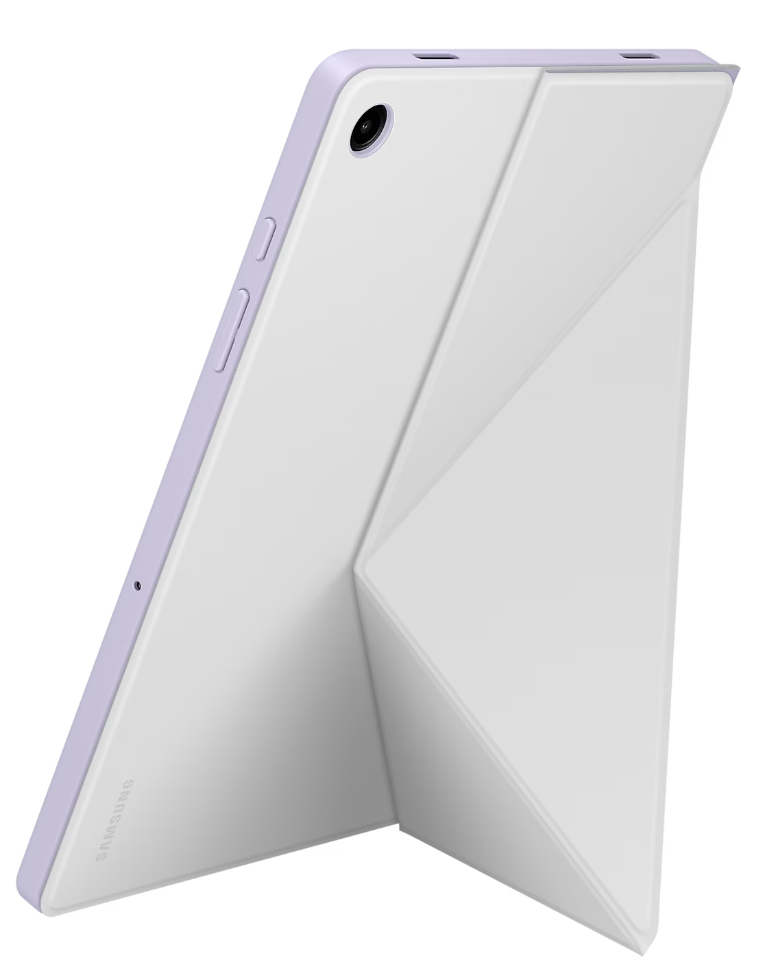 Fehér tablet lila kerettel és fehér borítással, összehajtva állványt képez, fekete háttér előtt.