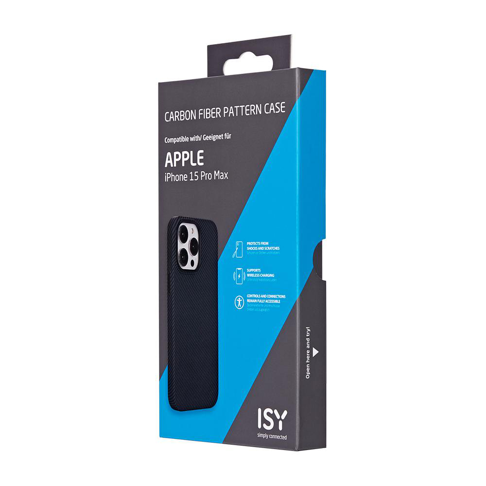 Eine Handyhülle in einer Schachtel. Die Hülle ist schwarz mit Karbonfasermuster. Text: iPhone 15 Pro Max.