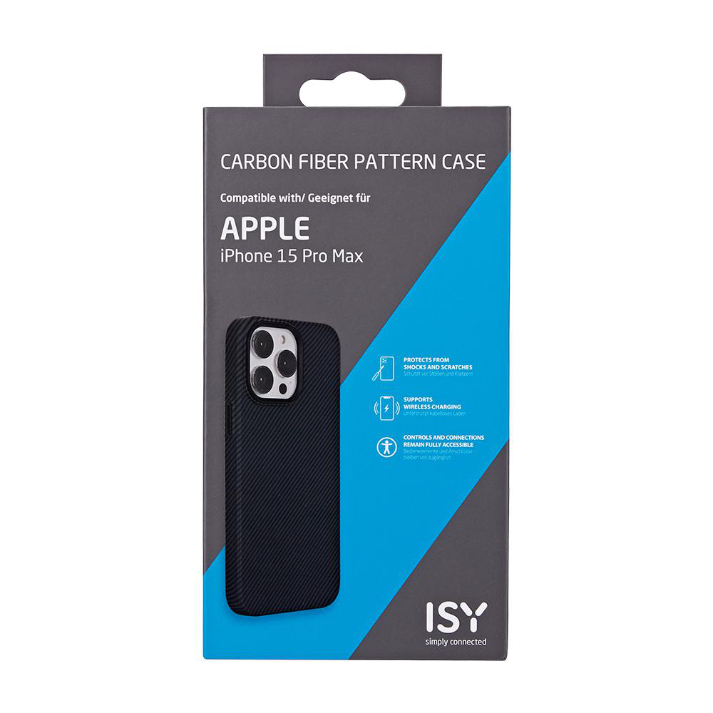 Eine schwarze Handyhülle in einer Schachtel mit der Aufschrift Carbon Fiber Pattern Case für iPhone 15 Pro Max.