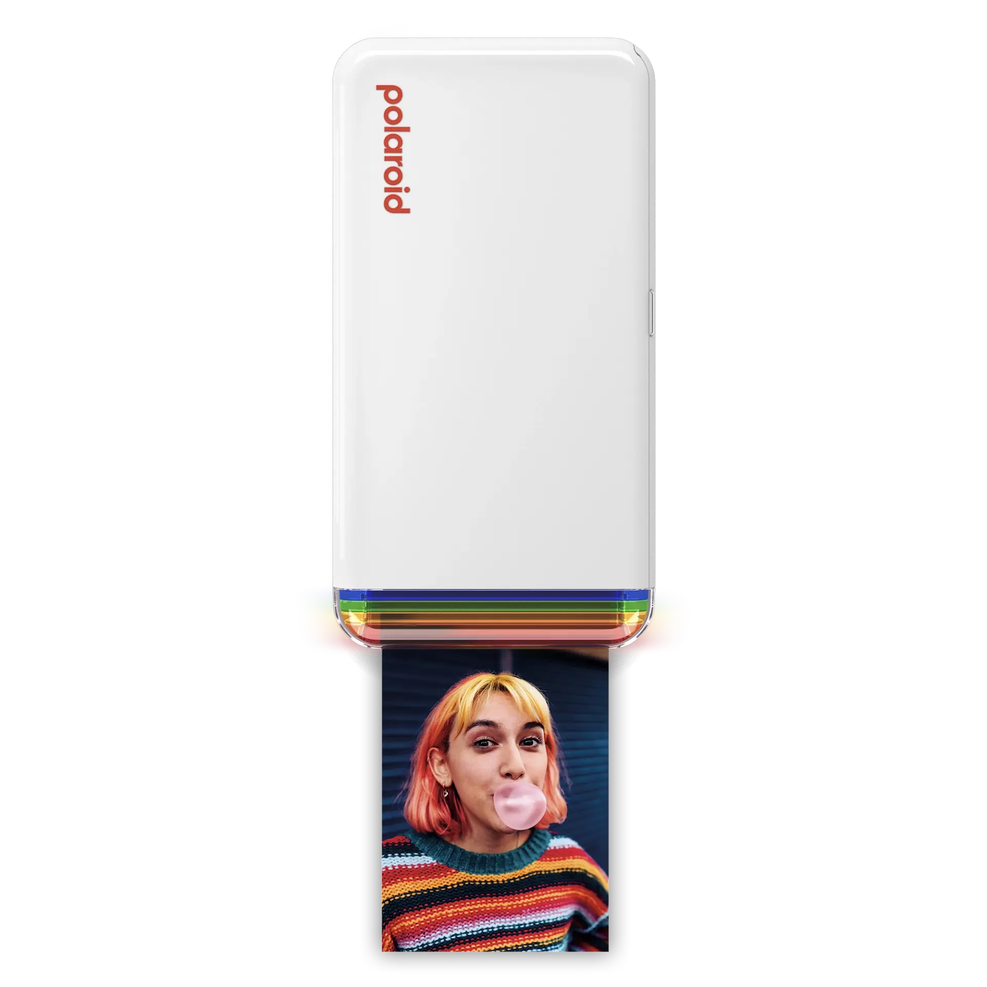 Sakız üfleyen bir kişinin fotoğrafıyla birlikte Polaroid fotoğraf yazıcısı.