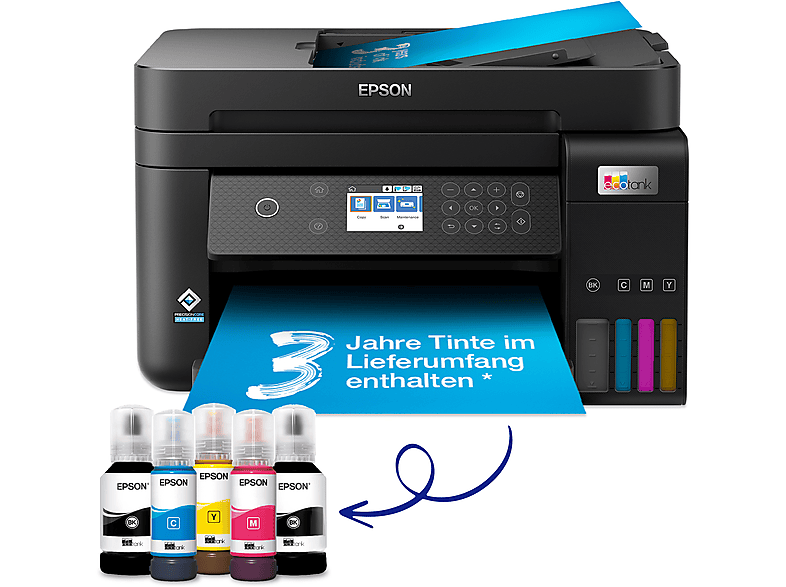 Mode liefern EPSON EcoTank ET-3850 A4-Multifunktions-Wi-Fi-Tintentankdrucker, mit einem enthaltenen MediaMarkt bis im Vorrat kaufen online 3 Tinten Lieferumfang an | Jahren zu