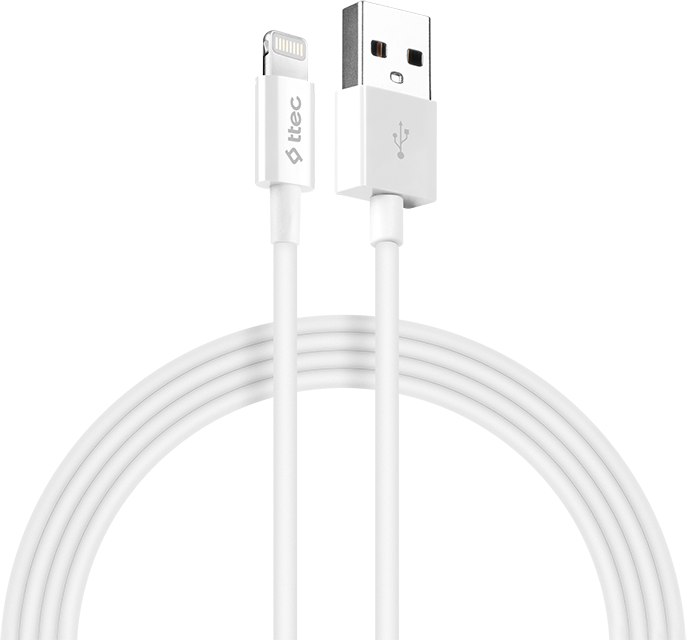 Fehér USB-Lightning kábel. A kábel fehér, a csatlakozók mindkét végén láthatók.