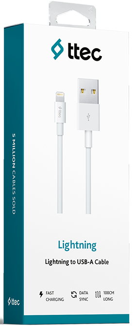 Egy fehér Lightning-USB-A kábel csomagolásban. A csomagoláson a ttec logó és a Lightning felirat látható.