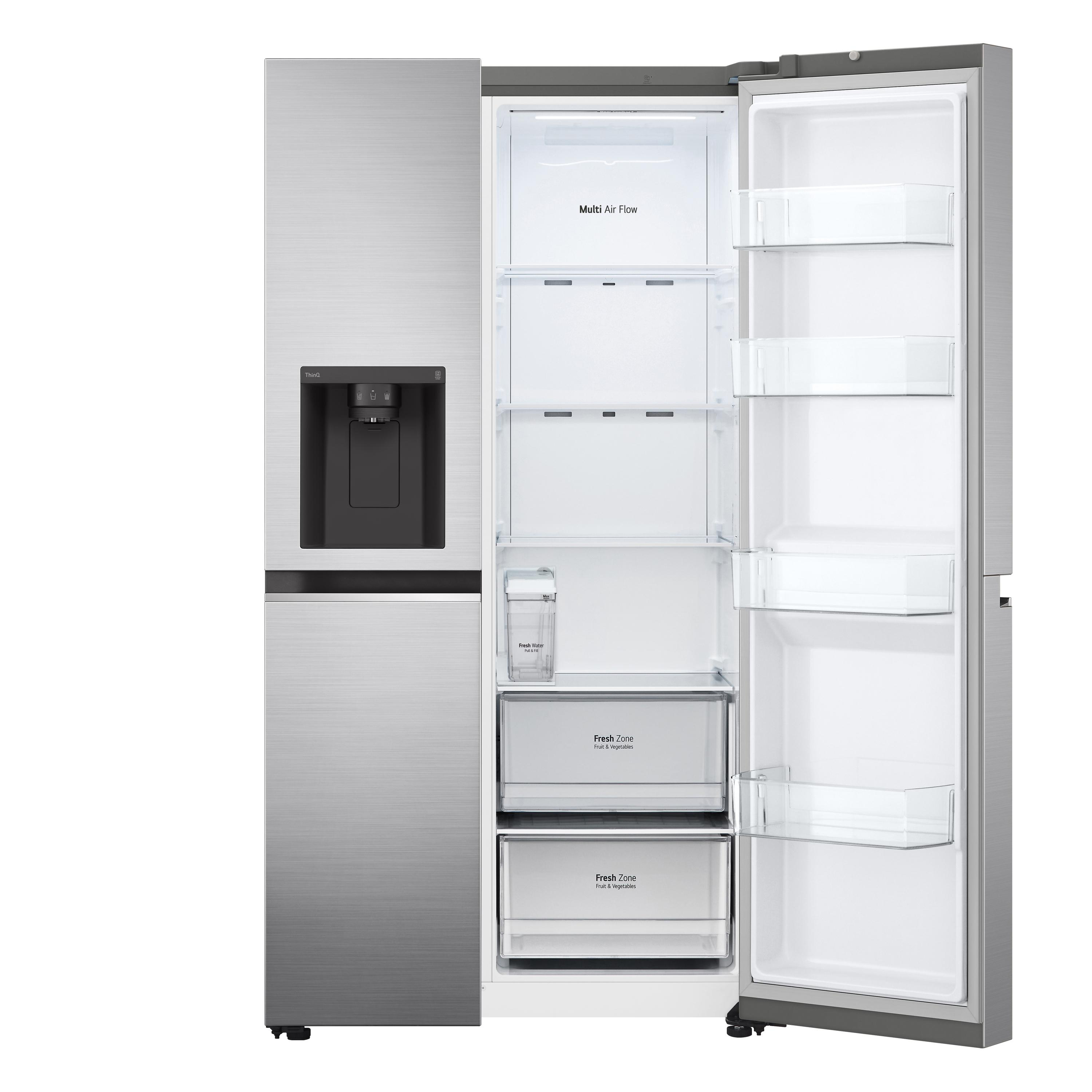 Silberner LG Side-by-Side-Kühlschrank, Türen offen, zeigt Innenregale und Stauraum.