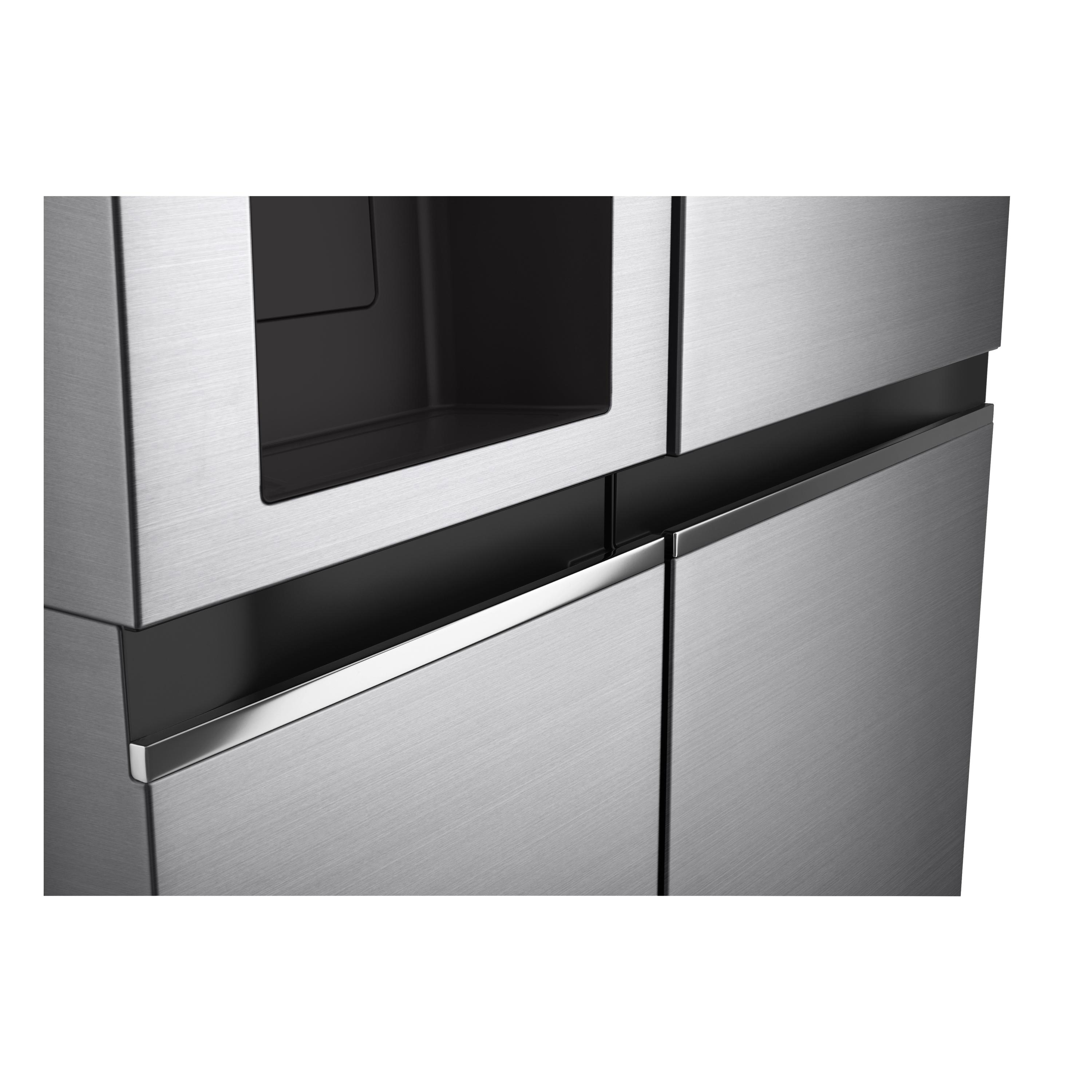 Edelstahlkühlschrank mit mehreren Türen und einem Glastürbereich.