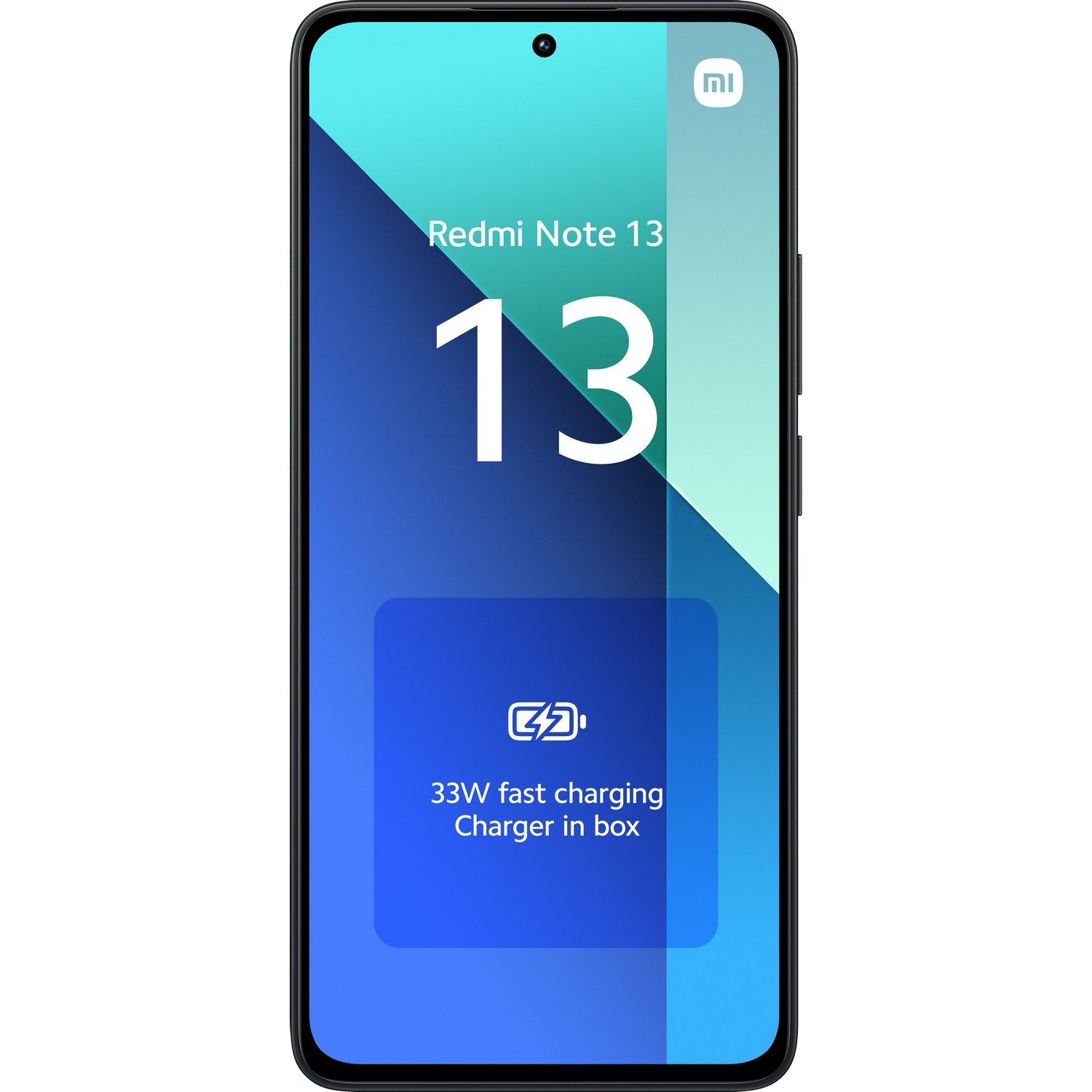 Smartphone, zwarte rand, toont Redmi Note 13 met snellaaddetails.