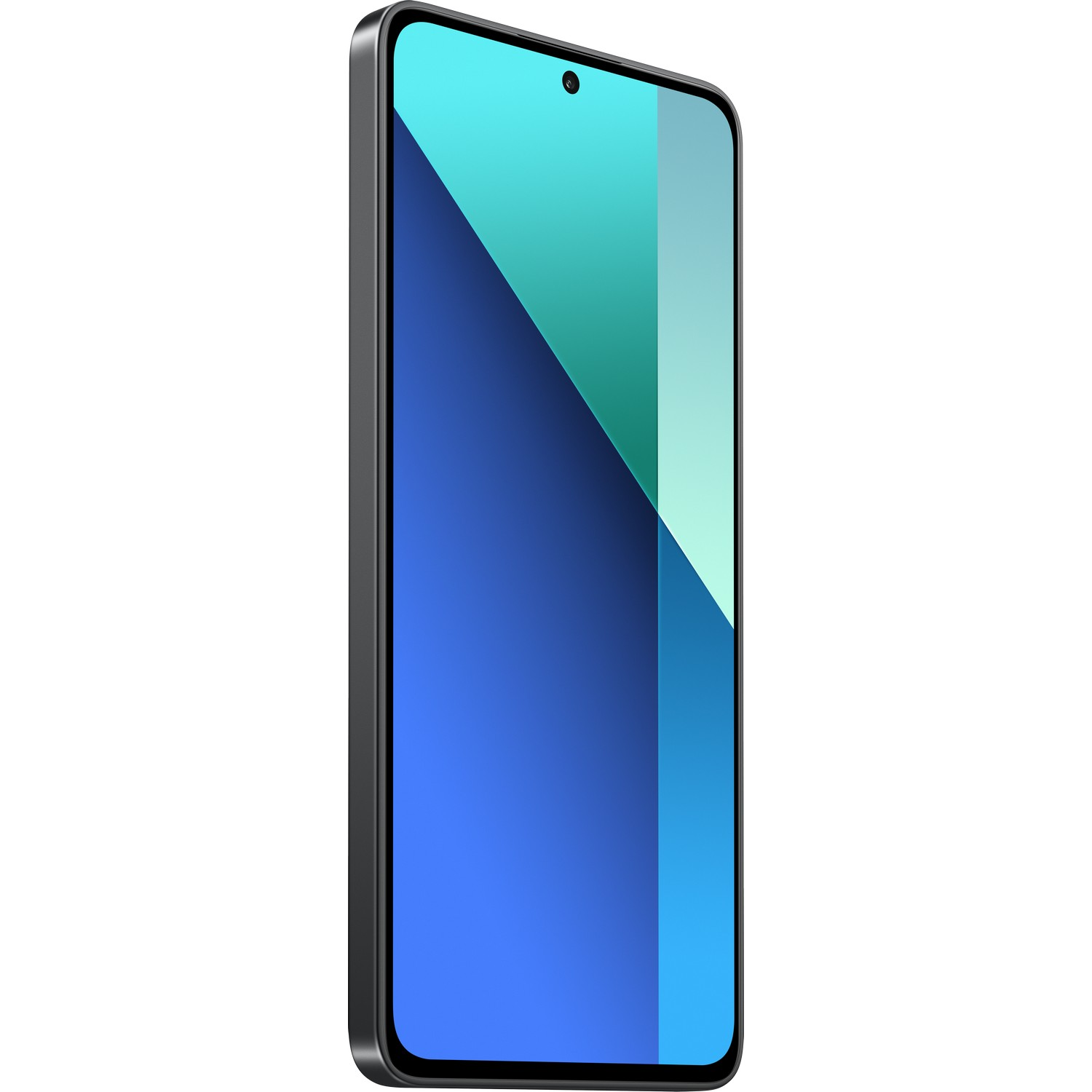Smartphone met blauw en blauwgroen scherm, zwarte rand, staat rechtop.