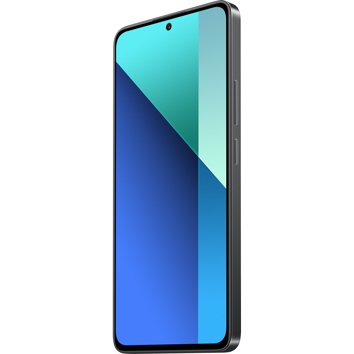 Zwarte smartphone met een blauw en groen scherm. Het scherm toont een blauw en groen abstract beeld.