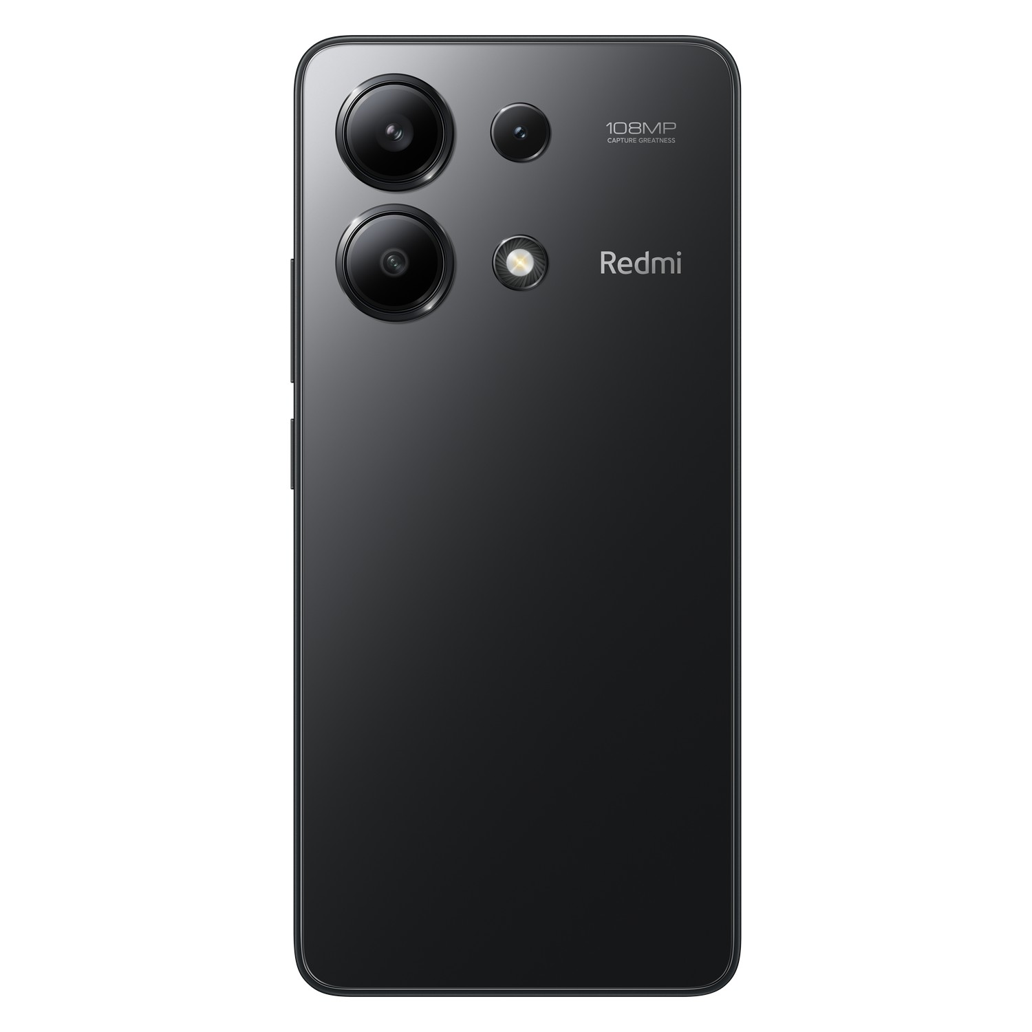 Zwarte Redmi smartphone achterkant. Drie camera's en het Redmi-logo op een donkere ondergrond.