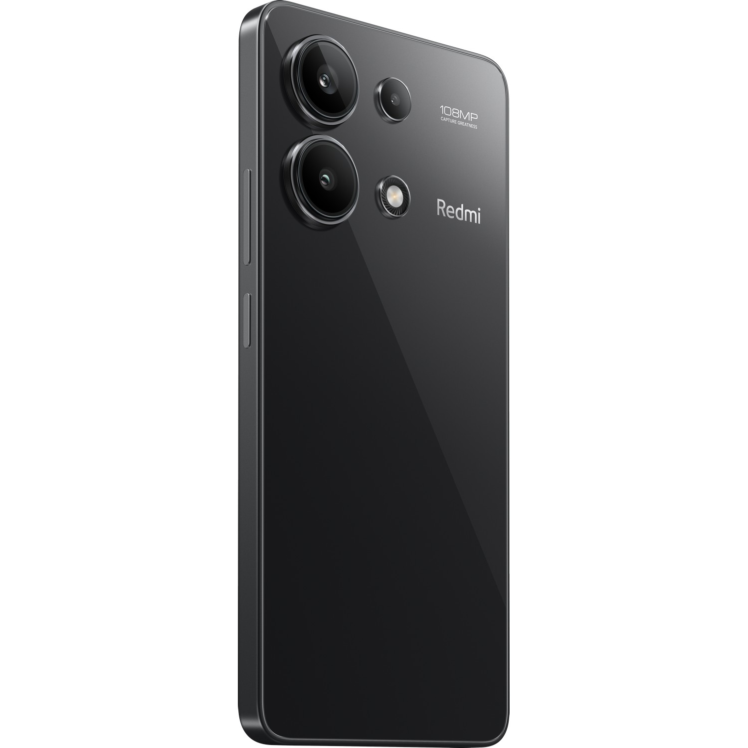 Zwarte telefoon met een drievoudige cameralens. Het Redmi-logo staat op de achterkant.