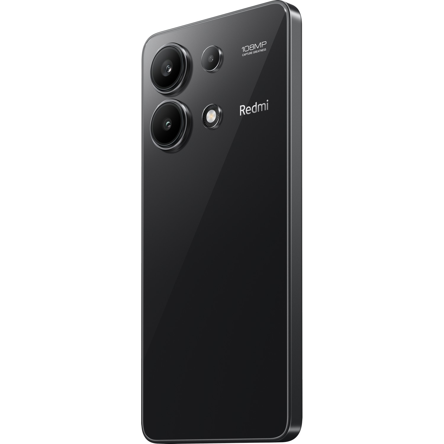 Zwarte Redmi-telefoon met drie cameralenzen op de achterkant.
