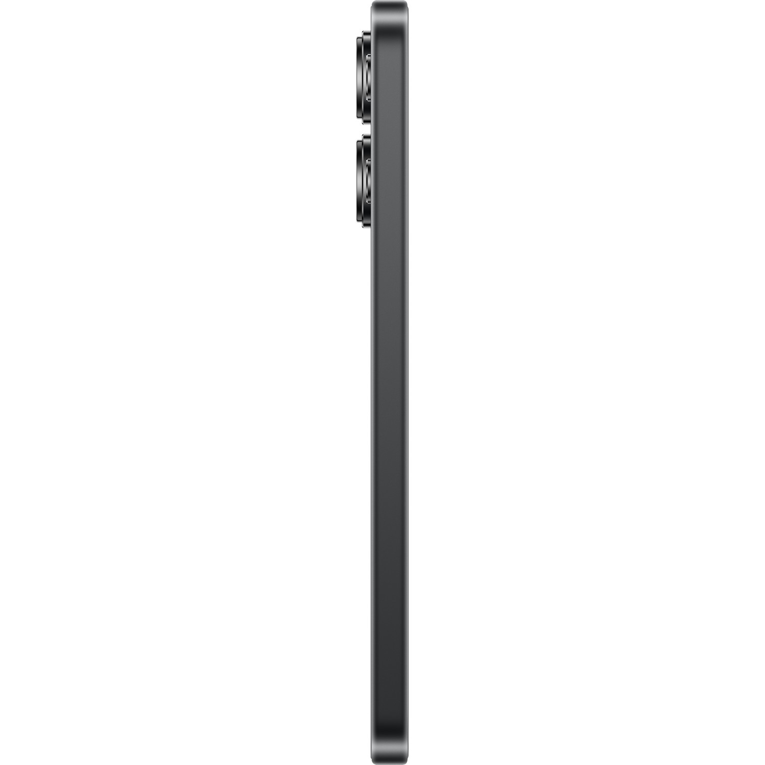 Zijaanzicht van een zwarte smartphone met dubbele camera's.