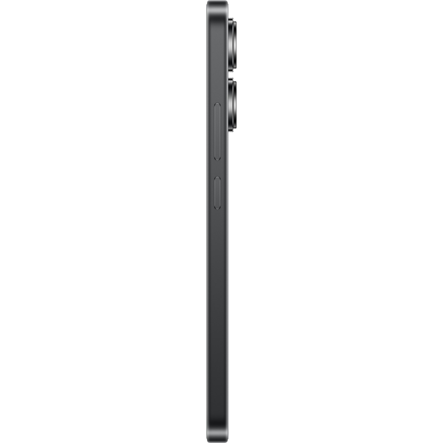 Zijaanzicht van een donkergrijze smartphone met cameramodule en knoppen. Witte achtergrond.