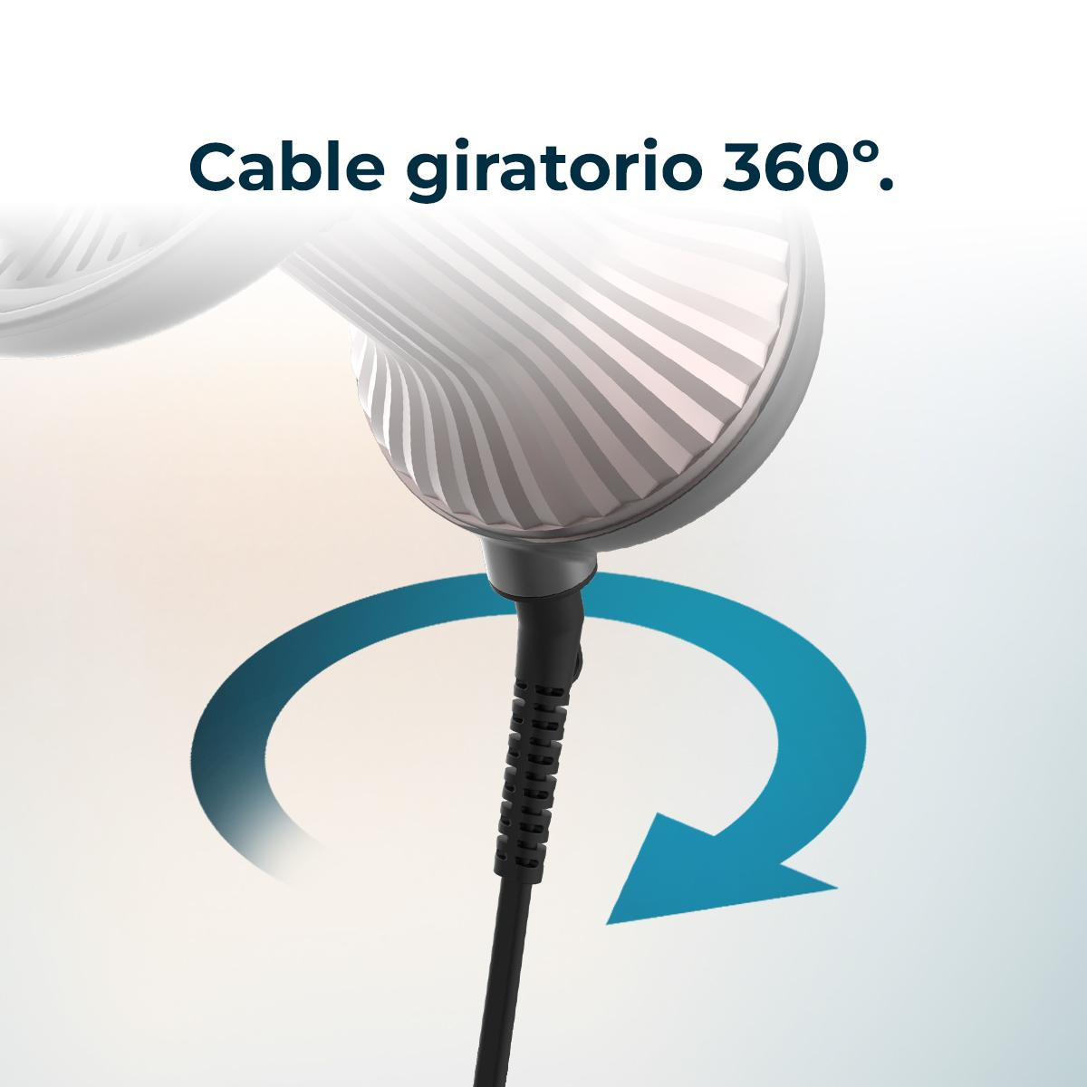 Dispositivo de peinado con cable giratorio y una flecha azul que muestra la acción giratoria.