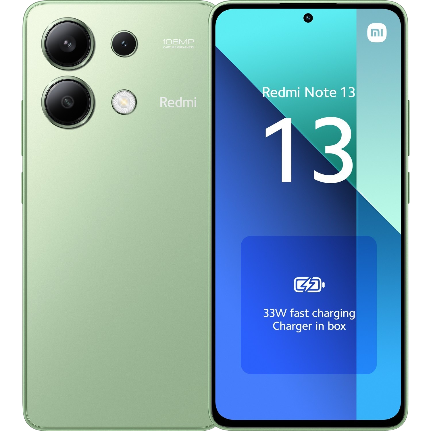 Groene smartphone, achteraanzicht met camera's en logo. Vooraanzicht toont een oplaadinfoscherm.