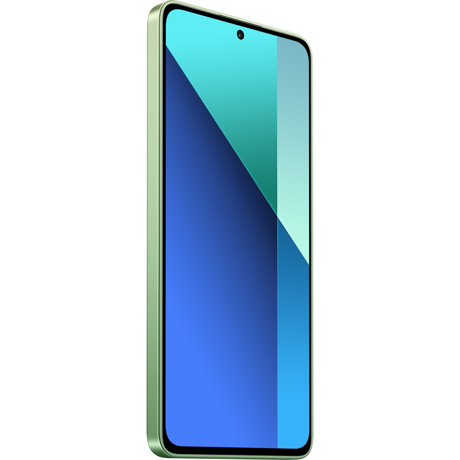 Groene smartphone in een hoek, scherm blauw-turquoise gradiënt. Strak design op witte achtergrond.