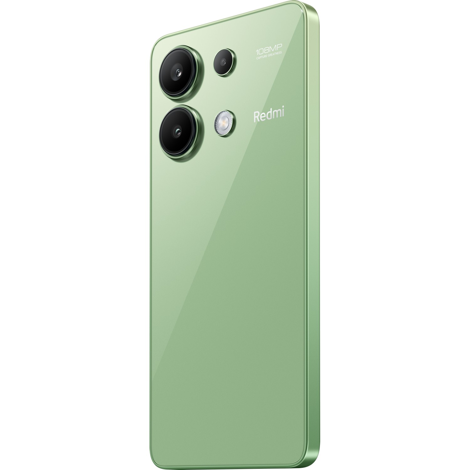 Groene Redmi-smartphone met drie camera's, op een witte achtergrond.