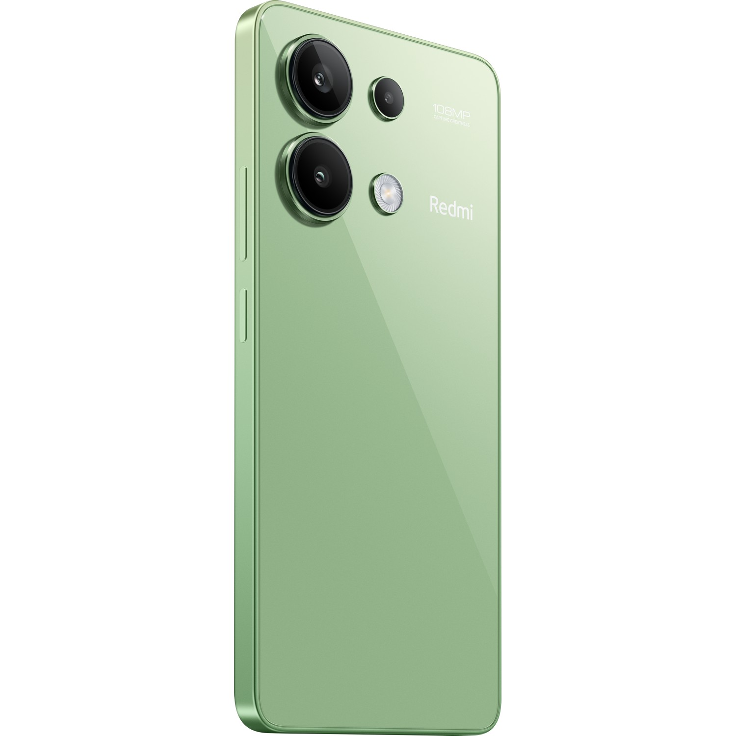 Groene smartphone, achteraanzicht. Meerdere camera's, Redmi-logo en een strak design. 108MP.