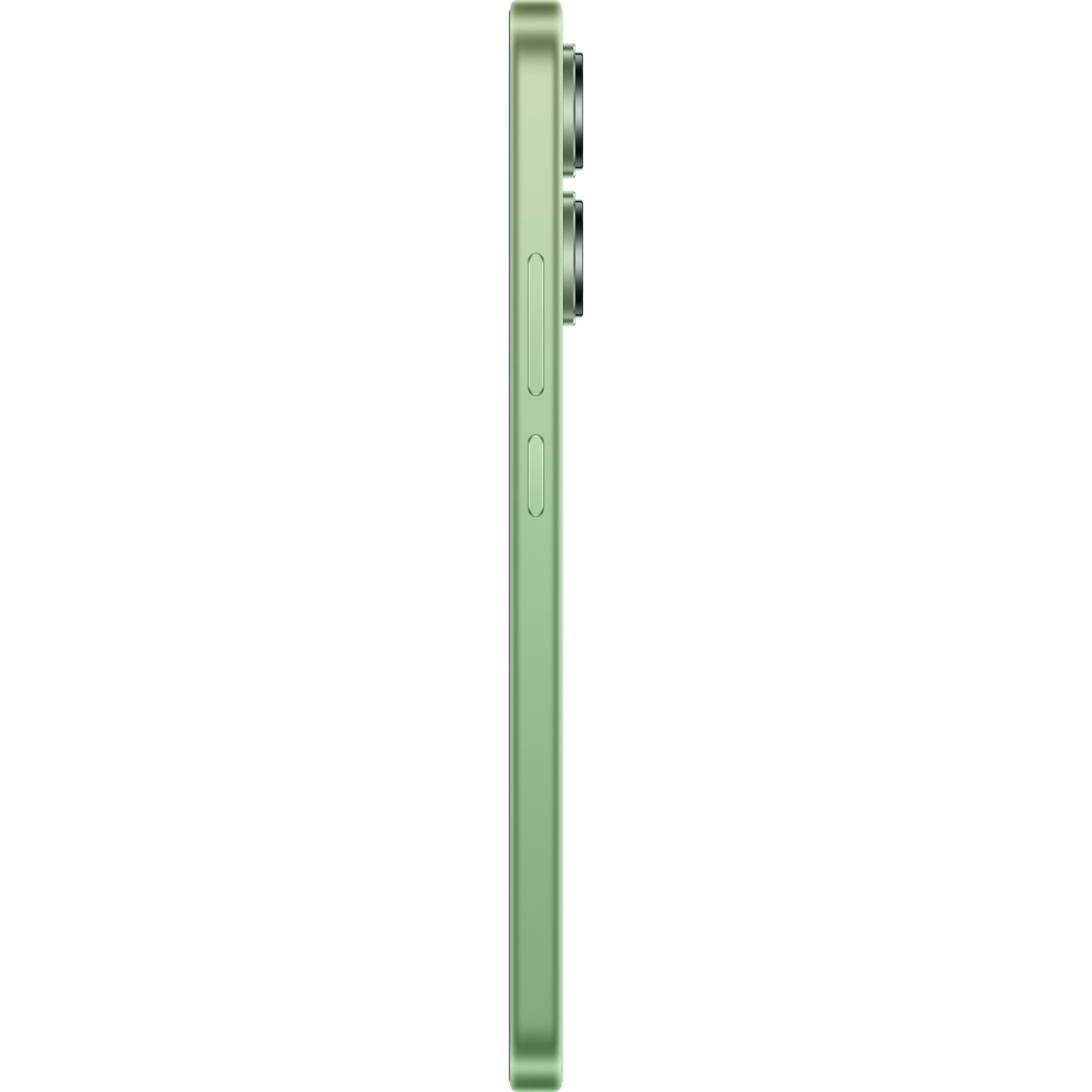 Profielweergave van groene smartphone. Cameralenzen zichtbaar. Zijknoppen. Witte achtergrond.